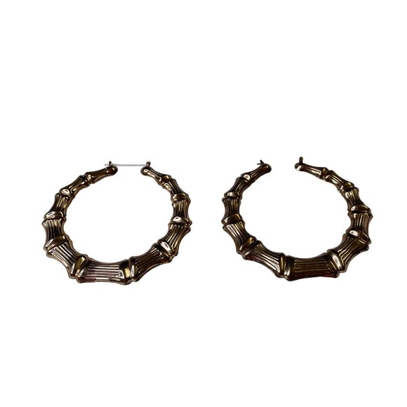 Vintage Gold Tone Bamboo Hoop Earrings Large Statement Jewelry Hip Hop u - Picture 2 of 4